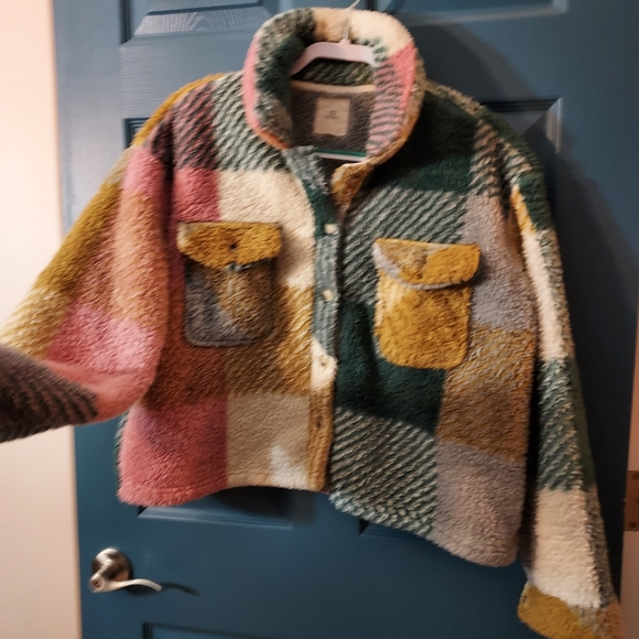 Thread Supply Colorful Button Up Plaid Sherpa Jacket Medium - Picture 8 of 9